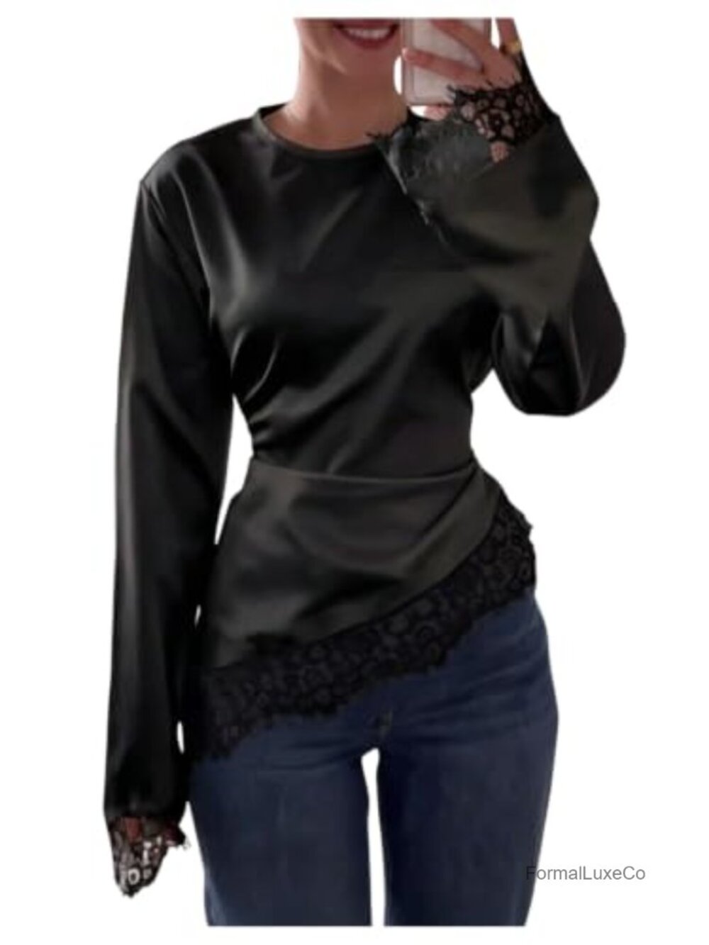 Satin Asymmetrical Blouse Long Sleeve Lace Cinched Waist Top